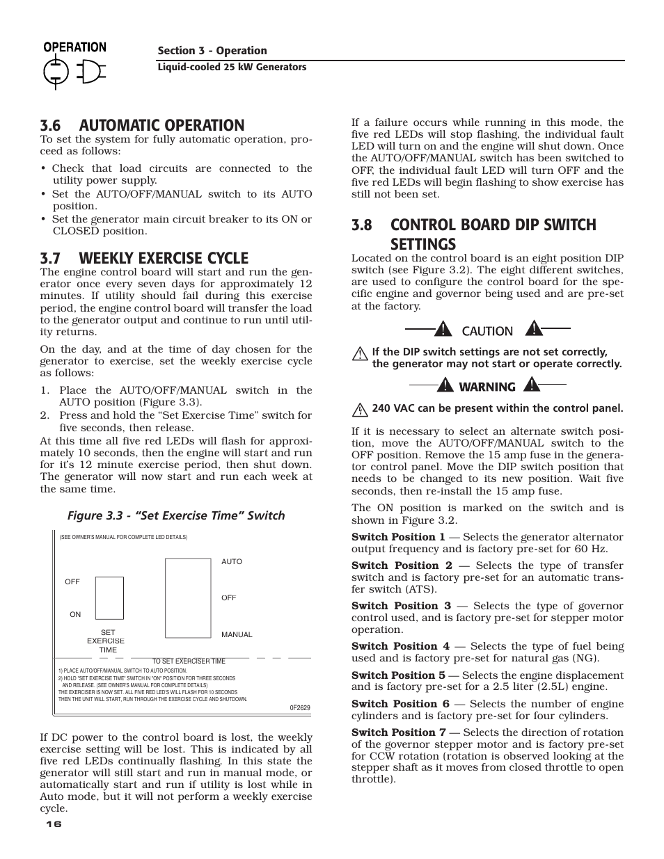 6 automatic operation, 7 weekly exercise cycle, 8 control board dip switch settings | Generac 005031-2 User Manual | Page 18 / 56