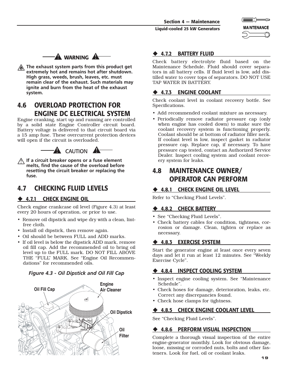 7 checking fluid levels, 8 maintenance owner/ operator can perform | Generac 005031-2 User Manual | Page 21 / 56