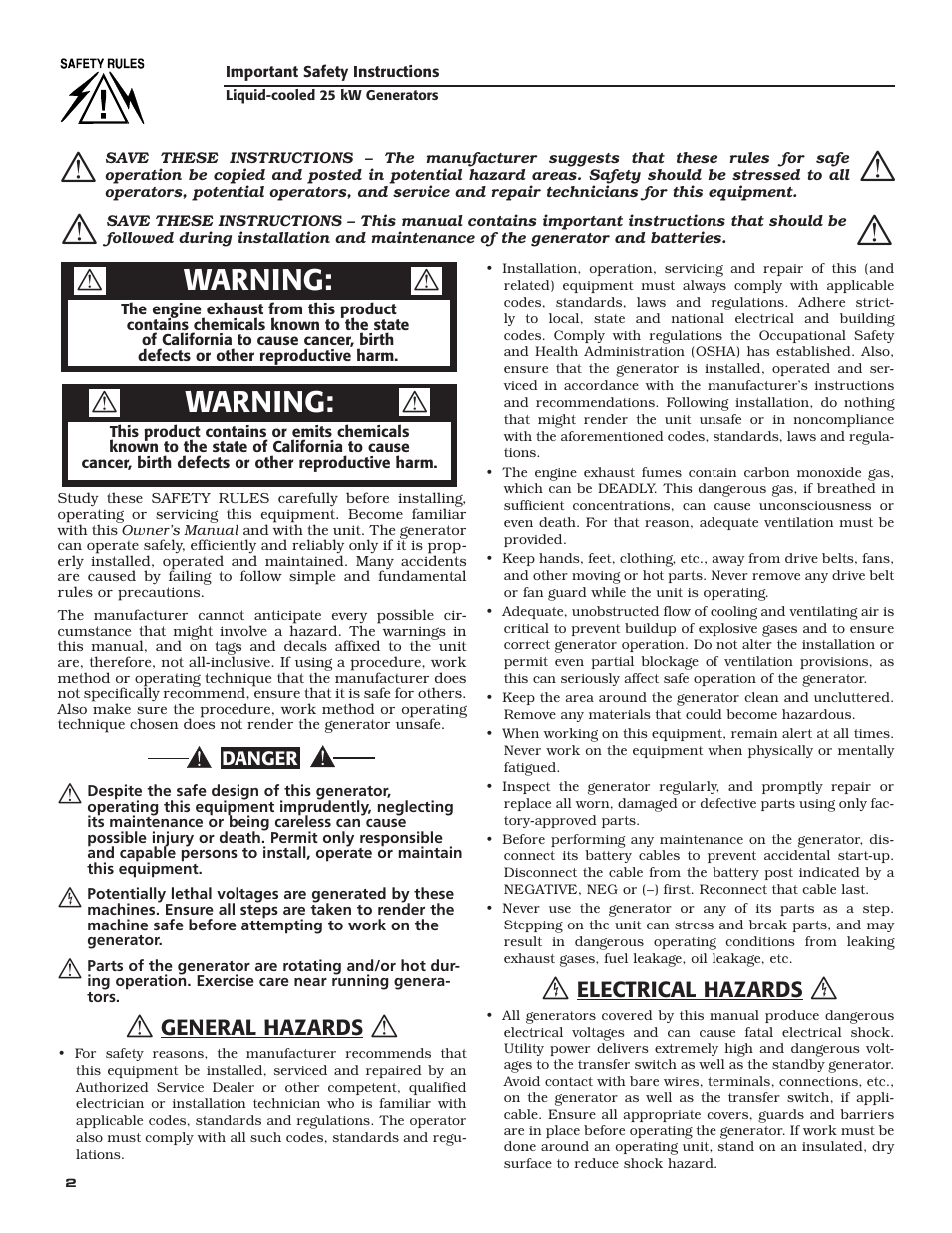 Warning | Generac 005031-2 User Manual | Page 4 / 56