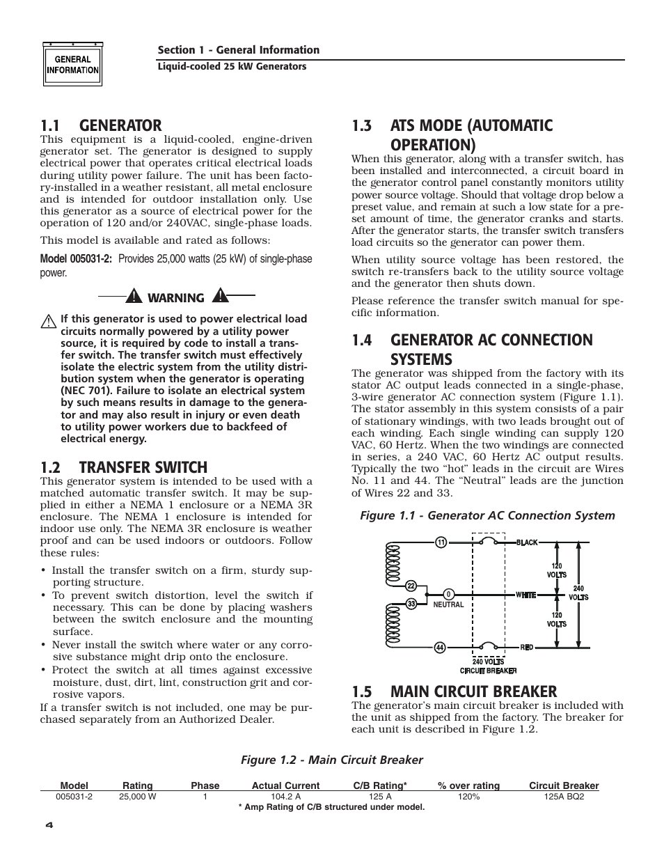 1 generator, 2 transfer switch, 3 ats mode (automatic operation) | 4 generator ac connection systems, 5 main circuit breaker | Generac 005031-2 User Manual | Page 6 / 56