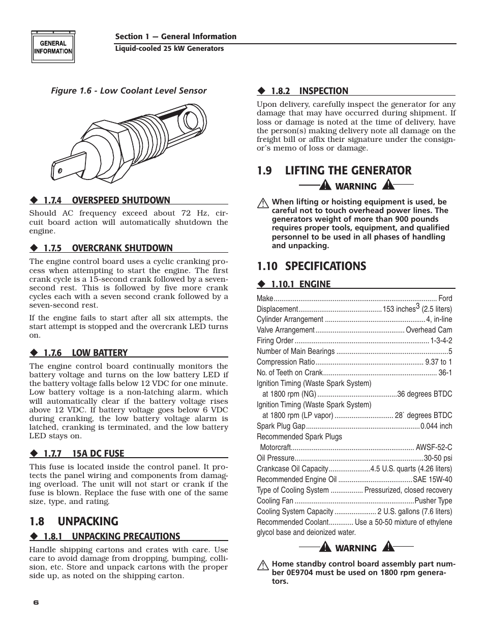 8 unpacking, 9 lifting the generator, 10 specifications | Generac 005031-2 User Manual | Page 8 / 56