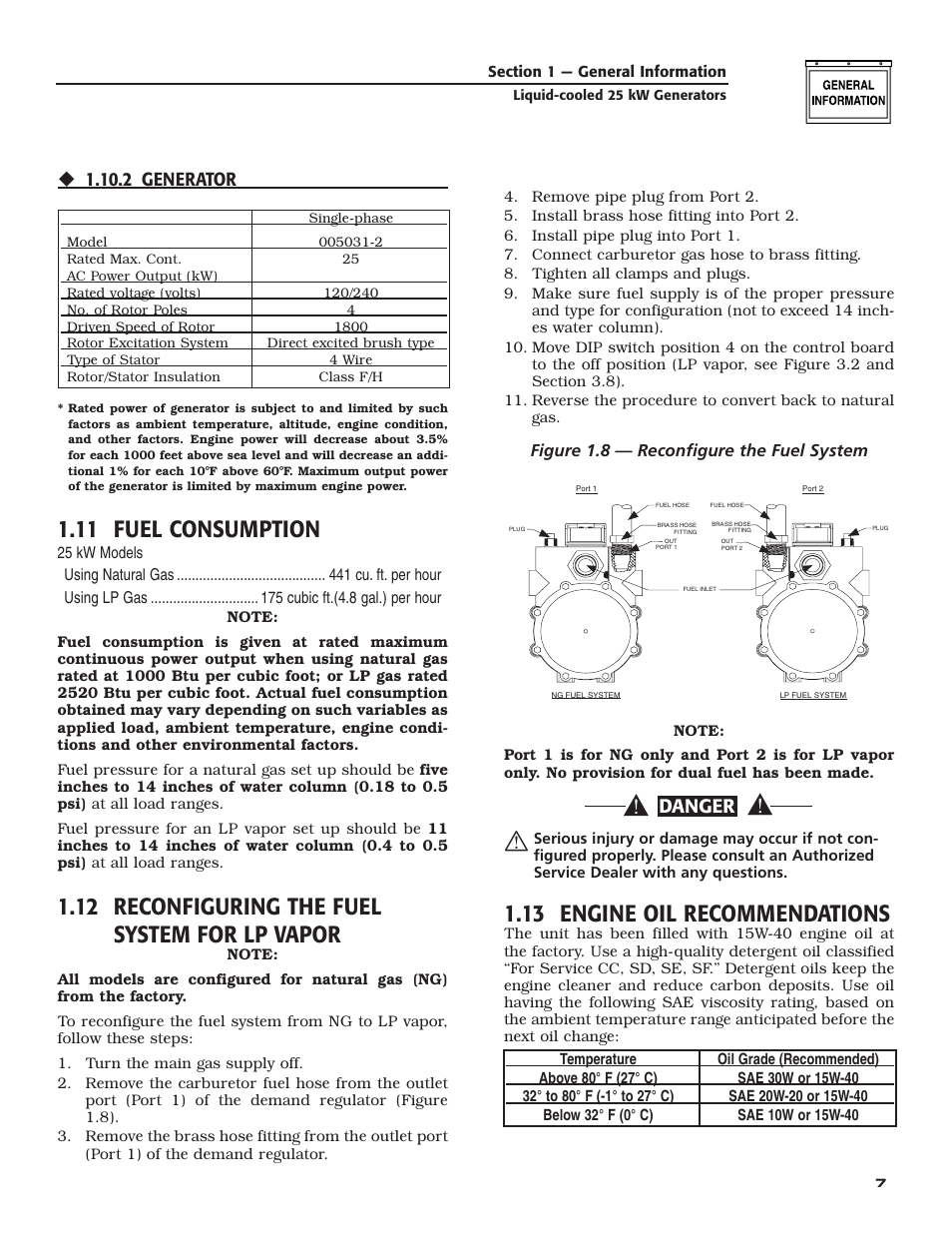 11 fuel consumption, 12 reconfiguring the fuel system for lp vapor, 13 engine oil recommendations | Danger, 2 generator | Generac 005031-2 User Manual | Page 9 / 56