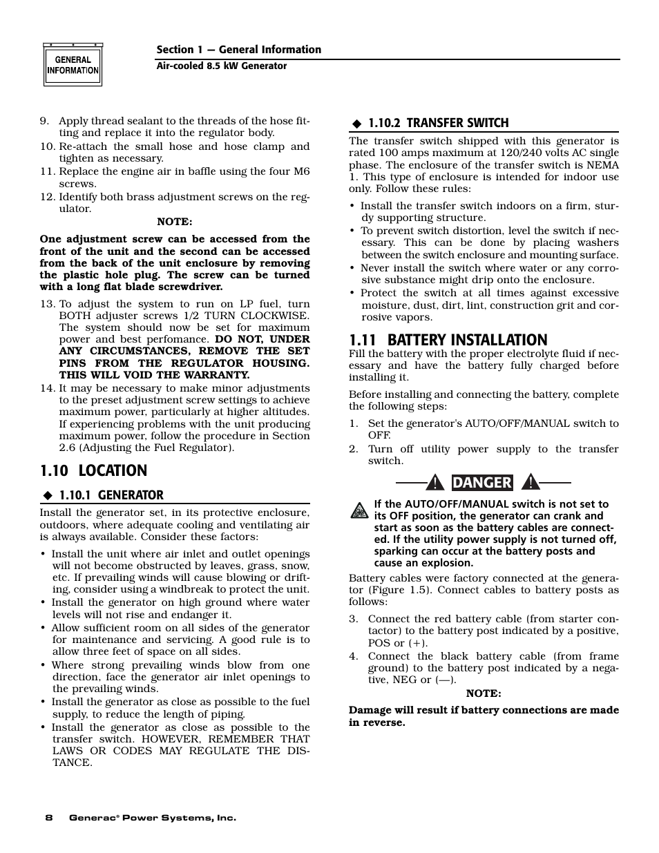 10 location, 11 battery installation, Danger | Generac 004692-2 User Manual | Page 10 / 52