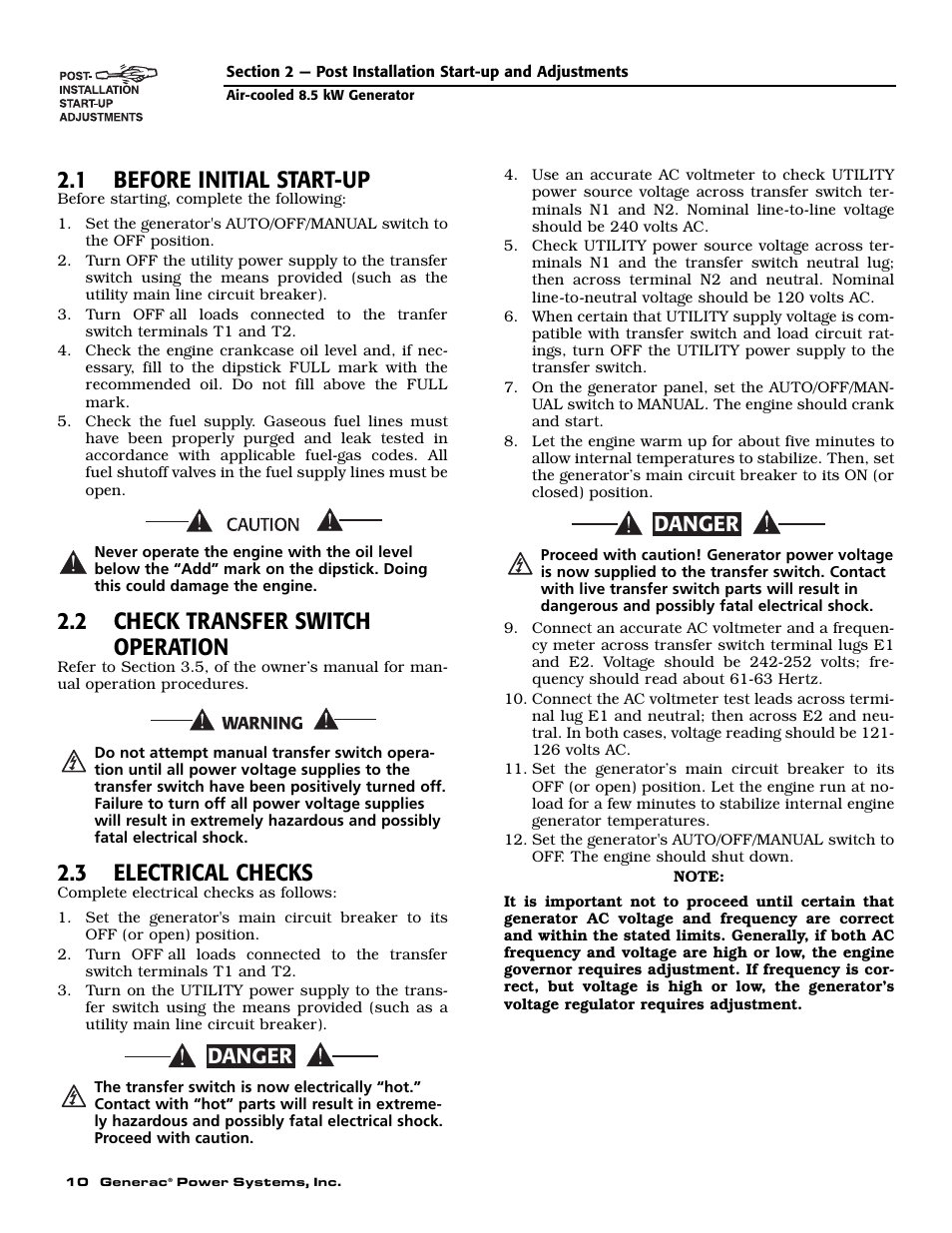 1 before initial start-up, 2 check transfer switch operation, 3 electrical checks | Danger | Generac 004692-2 User Manual | Page 12 / 52