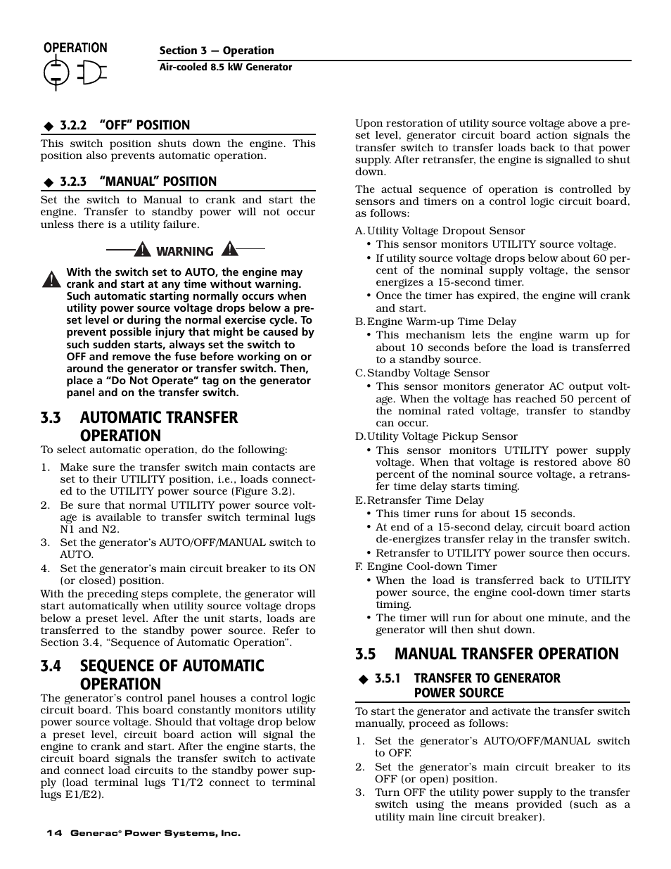 3 automatic transfer operation, 4 sequence of automatic operation, 5 manual transfer operation | Generac 004692-2 User Manual | Page 16 / 52