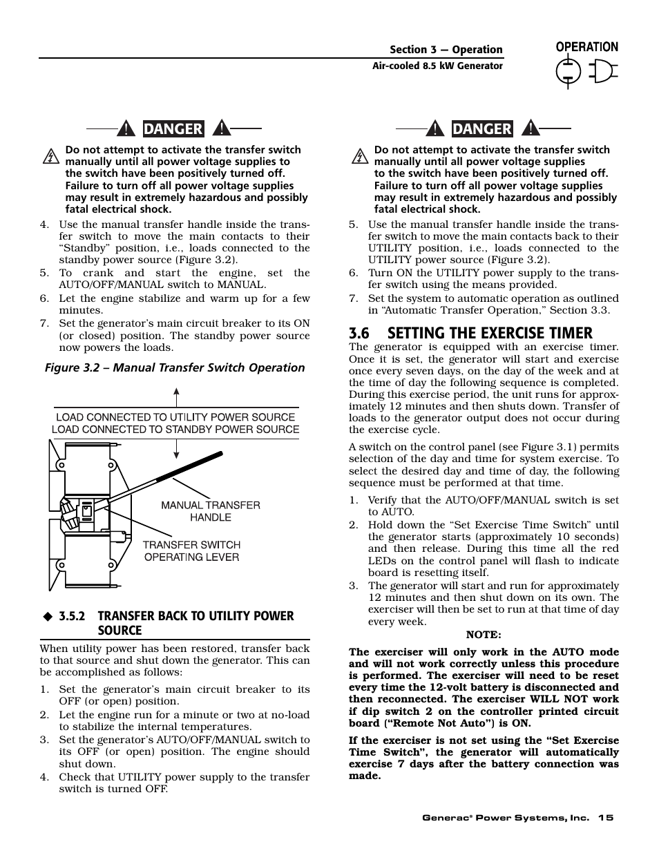 6 setting the exercise timer, Danger | Generac 004692-2 User Manual | Page 17 / 52