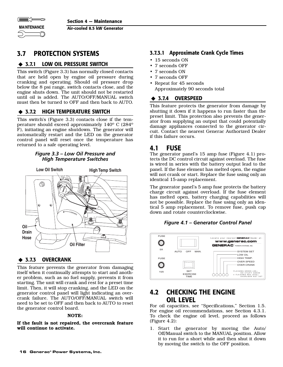 7 protection systems, 1 fuse, 2 checking the engine oil level | 1 low oil pressure switch, 2 high temperature switch, 3 overcrank, 1 approximate crank cycle times, 4 overspeed, Figure 4.1 – generator control panel | Generac 004692-2 User Manual | Page 18 / 52