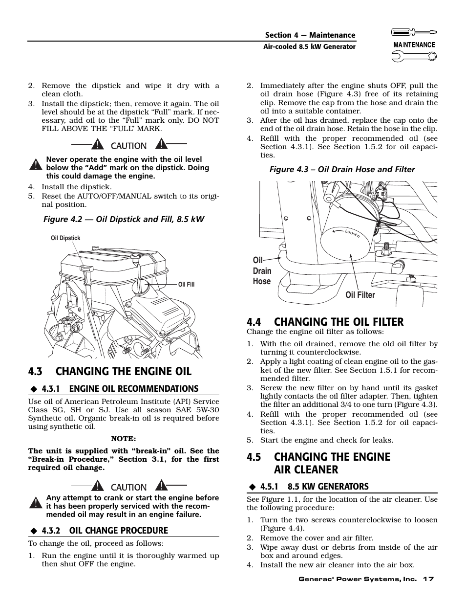 3 changing the engine oil, 4 changing the oil filter, 5 changing the engine air cleaner | Generac 004692-2 User Manual | Page 19 / 52