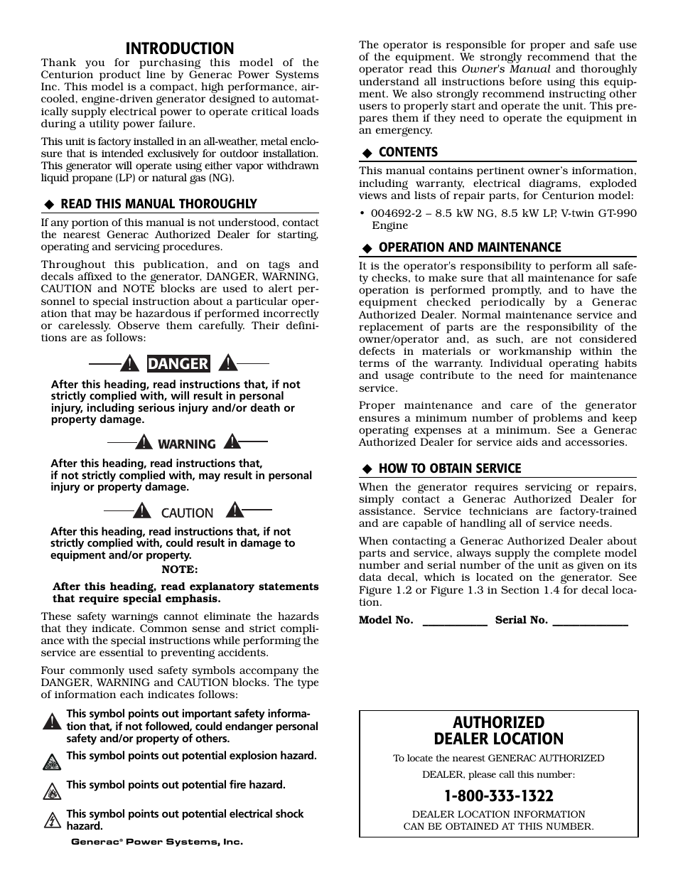 Introduction, Authorized dealer location, Danger | Generac 004692-2 User Manual | Page 2 / 52