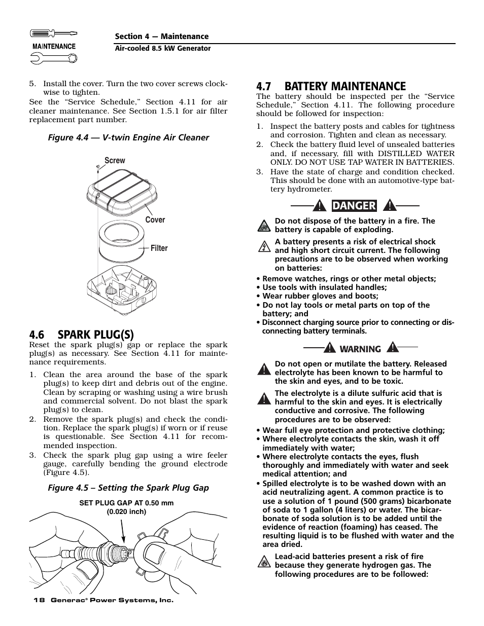 6 spark plug(s), 7 battery maintenance, Danger | Generac 004692-2 User Manual | Page 20 / 52