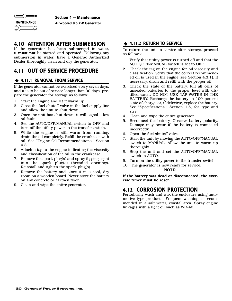 10 attention after submersion, 11 out of service procedure, 12 corrosion protection | Generac 004692-2 User Manual | Page 22 / 52