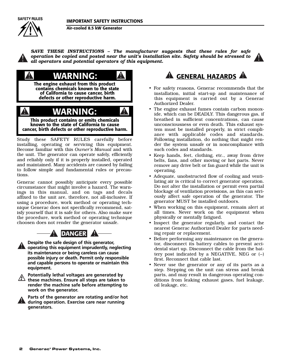 Warning, General hazards, Danger | Generac 004692-2 User Manual | Page 4 / 52