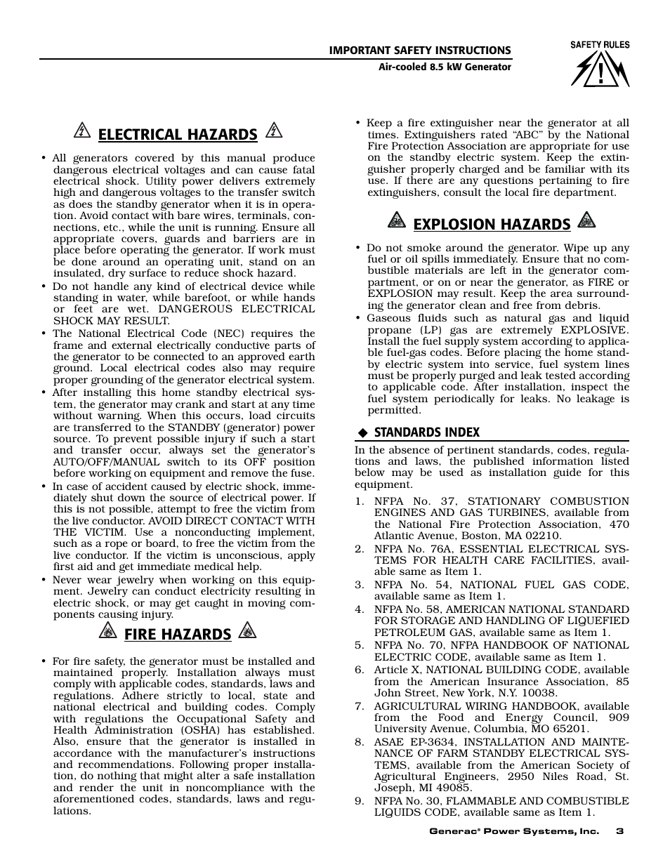 Electrical hazards, Fire hazards, Explosion hazards | Generac 004692-2 User Manual | Page 5 / 52