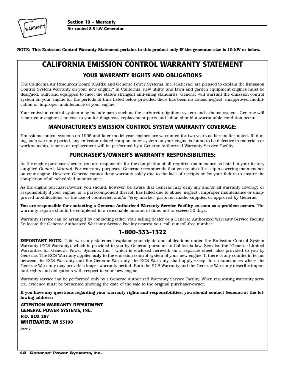 California emission control warranty statement | Generac 004692-2 User Manual | Page 50 / 52
