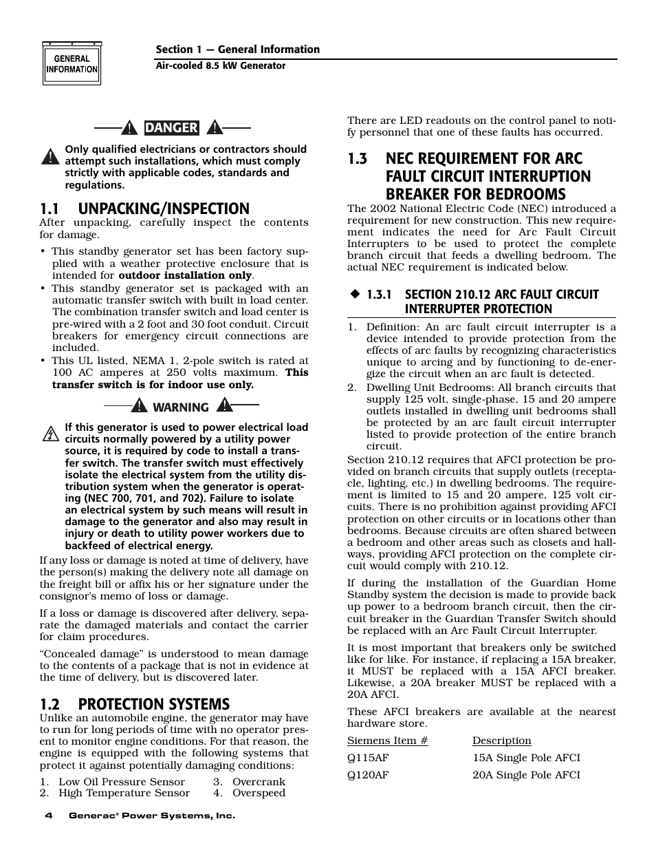 1 unpacking/inspection, 2 protection systems | Generac 004692-2 User Manual | Page 6 / 52