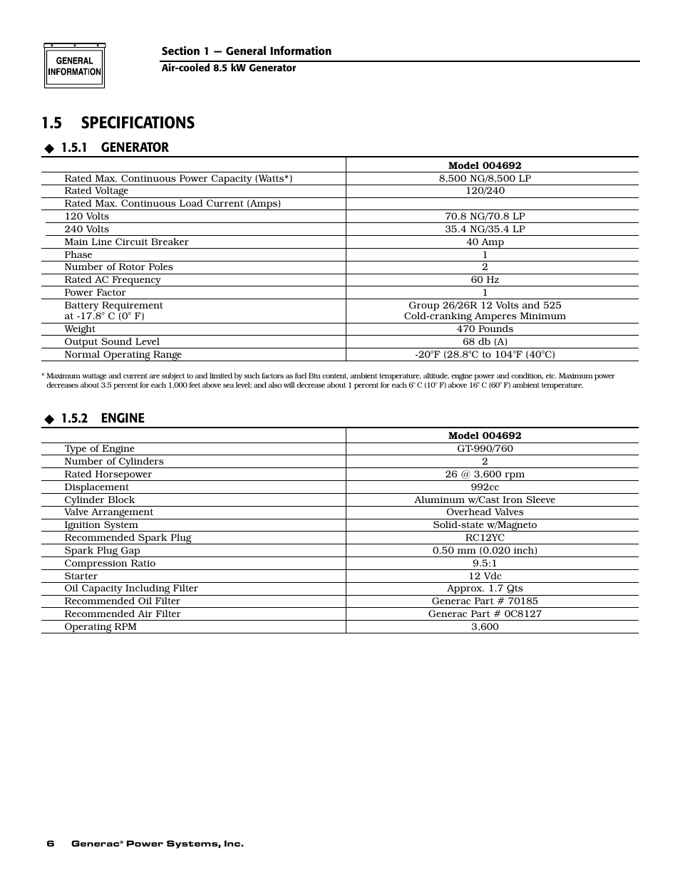 5 specifications, 1 generator, 2 engine | Generac 004692-2 User Manual | Page 8 / 52