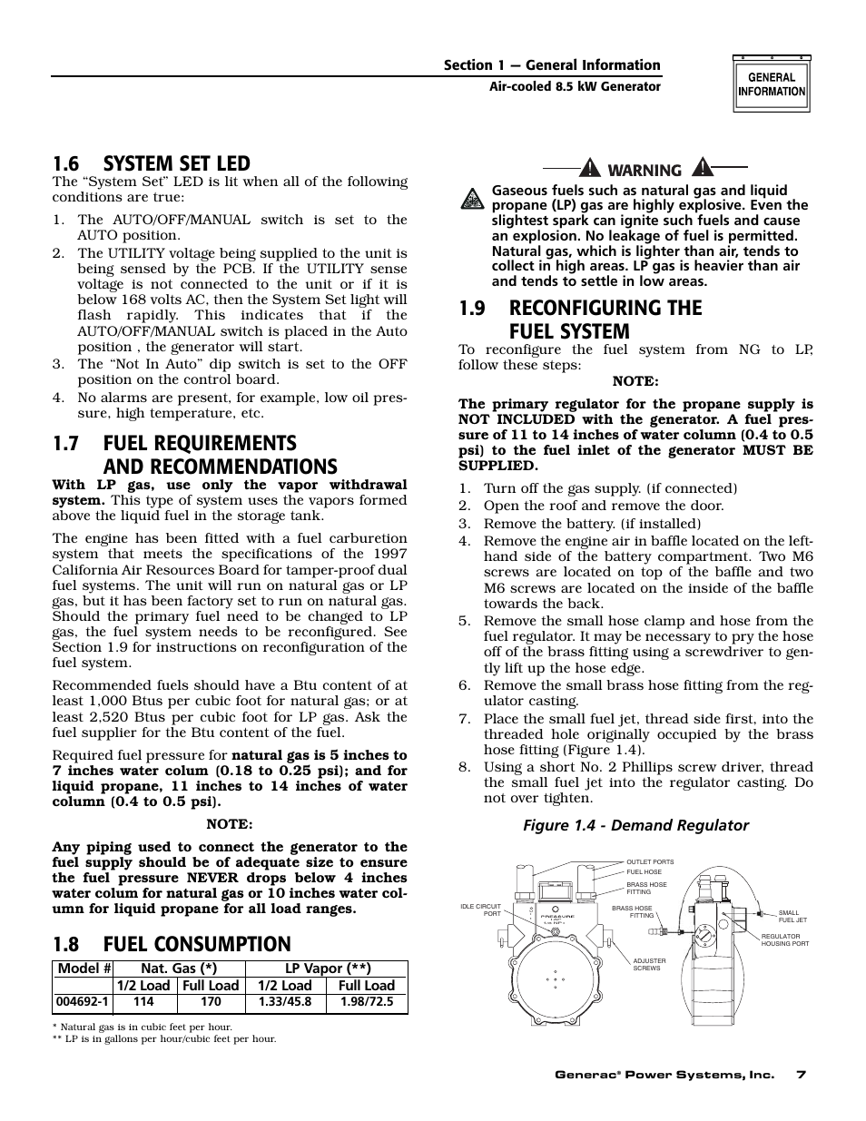 6 system set led, 7 fuel requirements and recommendations, 8 fuel consumption | 9 reconfiguring the fuel system, Figure 1.4 - demand regulator | Generac 004692-2 User Manual | Page 9 / 52