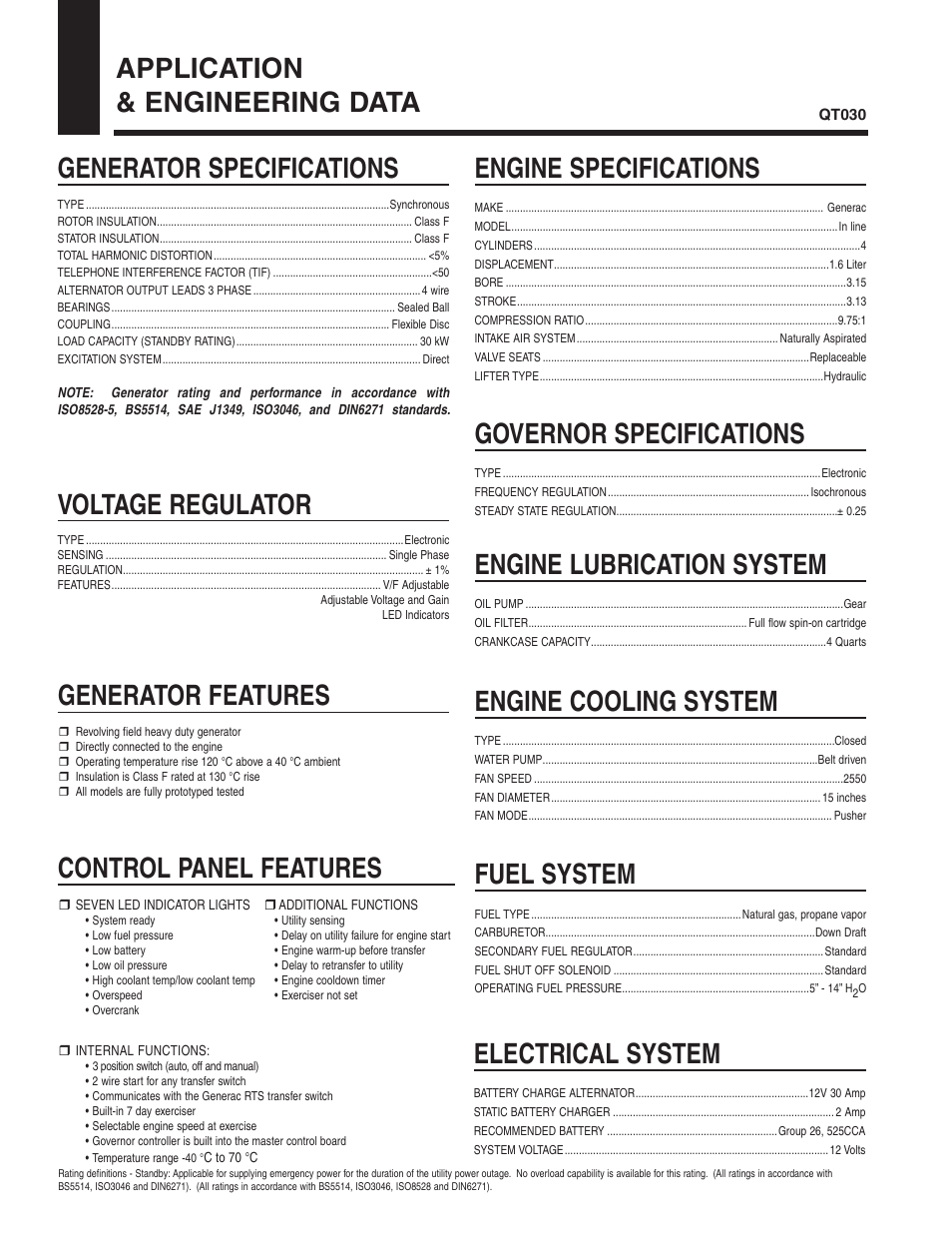 Application & engineering data, Generator specifications, Generator features | Voltage regulator, Control panel features, Engine specifications, Governor specifications, Engine lubrication system, Engine cooling system, Fuel system | Generac QT030 User Manual | Page 2 / 4
