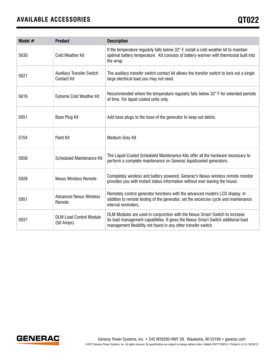 Qt022, Available accessories | Generac Standby Generator QT022 User Manual | Page 6 / 6