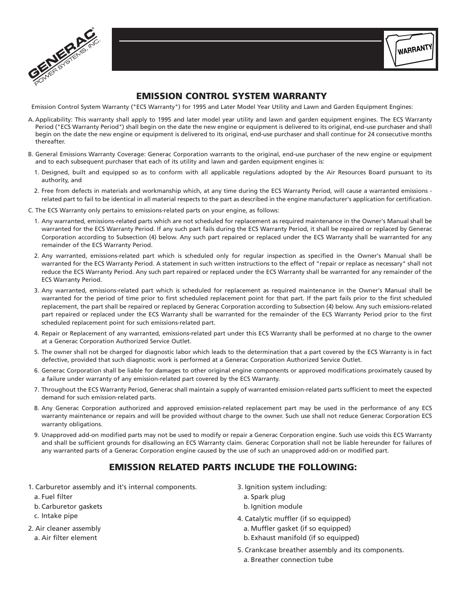 Emission control system warranty, Emission related parts include the following | Generac Gn - 360 User Manual | Page 23 / 24