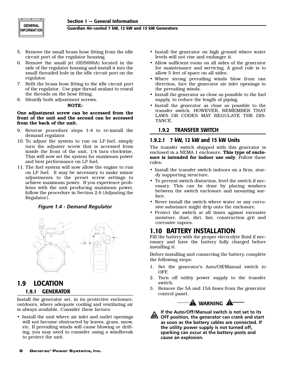 9 location, 10 battery installation, 1 generator | Figure 1.4 - demand regulator | Generac 04389-1 User Manual | Page 10 / 60