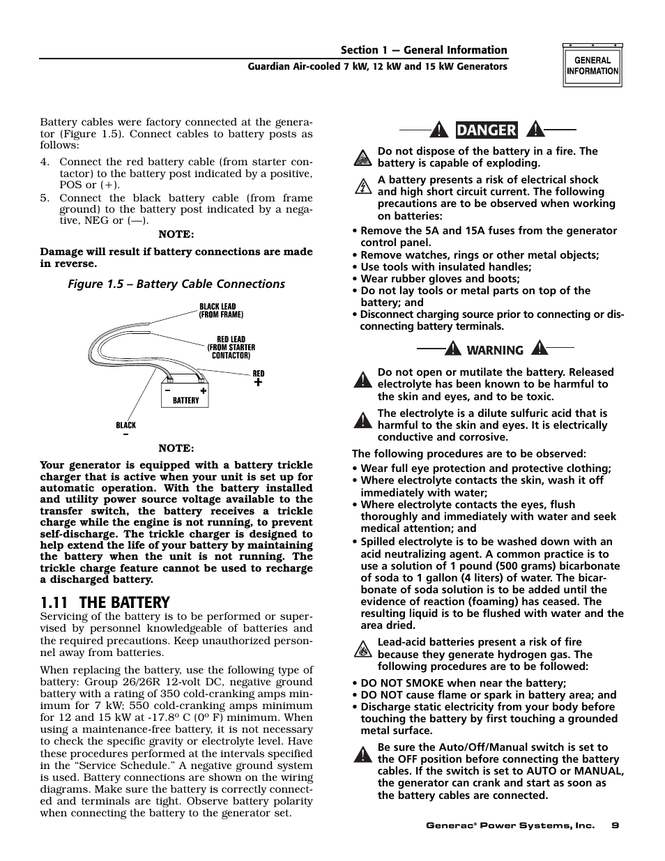 11 the battery, Danger | Generac 04389-1 User Manual | Page 11 / 60