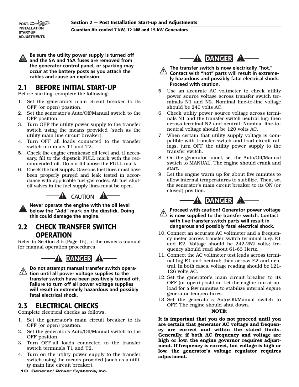 1 before initial start-up, 2 check transfer switch operation, 3 electrical checks | Danger | Generac 04389-1 User Manual | Page 12 / 60