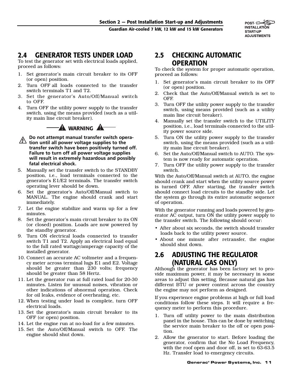 4 generator tests under load, 5 checking automatic operation, 6 adjusting the regulator (natural gas only) | Generac 04389-1 User Manual | Page 13 / 60