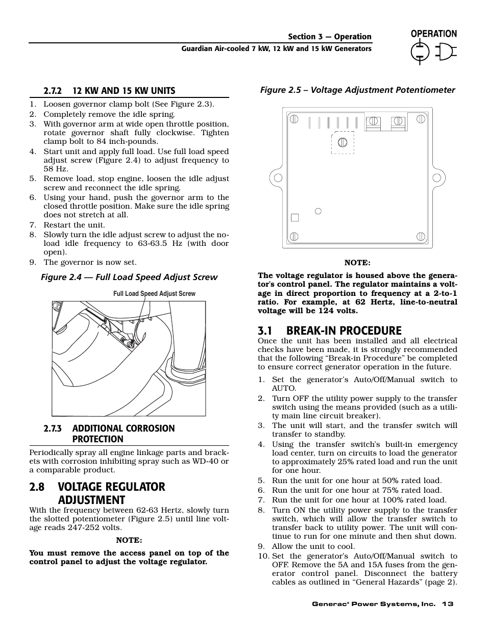 8 voltage regulator adjustment, 1 break-in procedure | Generac 04389-1 User Manual | Page 15 / 60