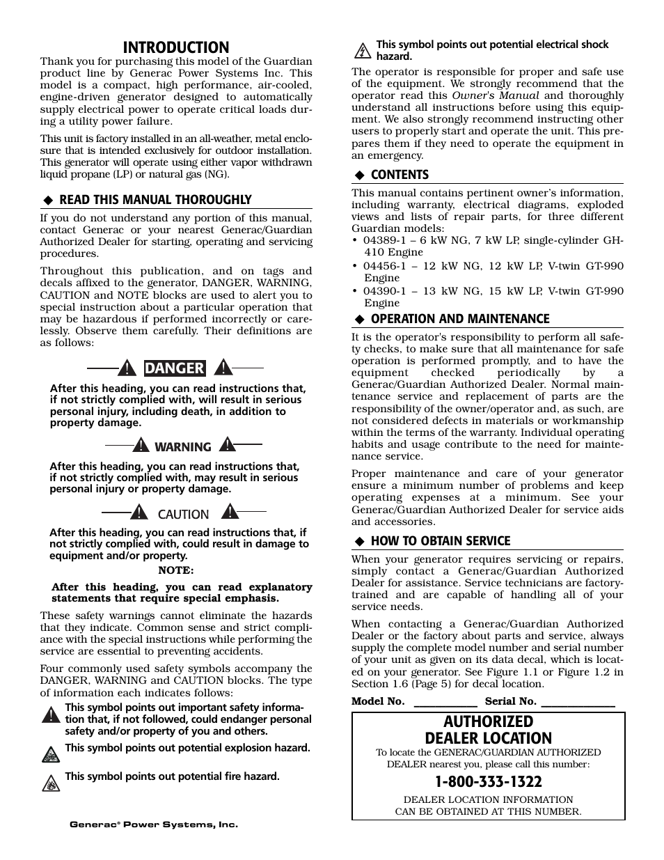 Introduction, Authorized dealer location, Danger | Generac 04389-1 User Manual | Page 2 / 60