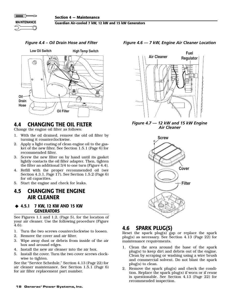 4 changing the oil filter, 5 changing the engine air cleaner, 6 spark plug(s) | Generac 04389-1 User Manual | Page 20 / 60