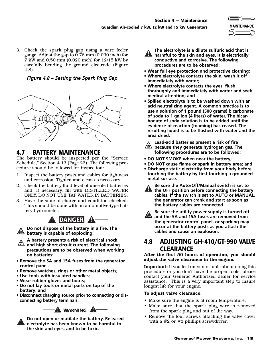 7 battery maintenance, Danger | Generac 04389-1 User Manual | Page 21 / 60