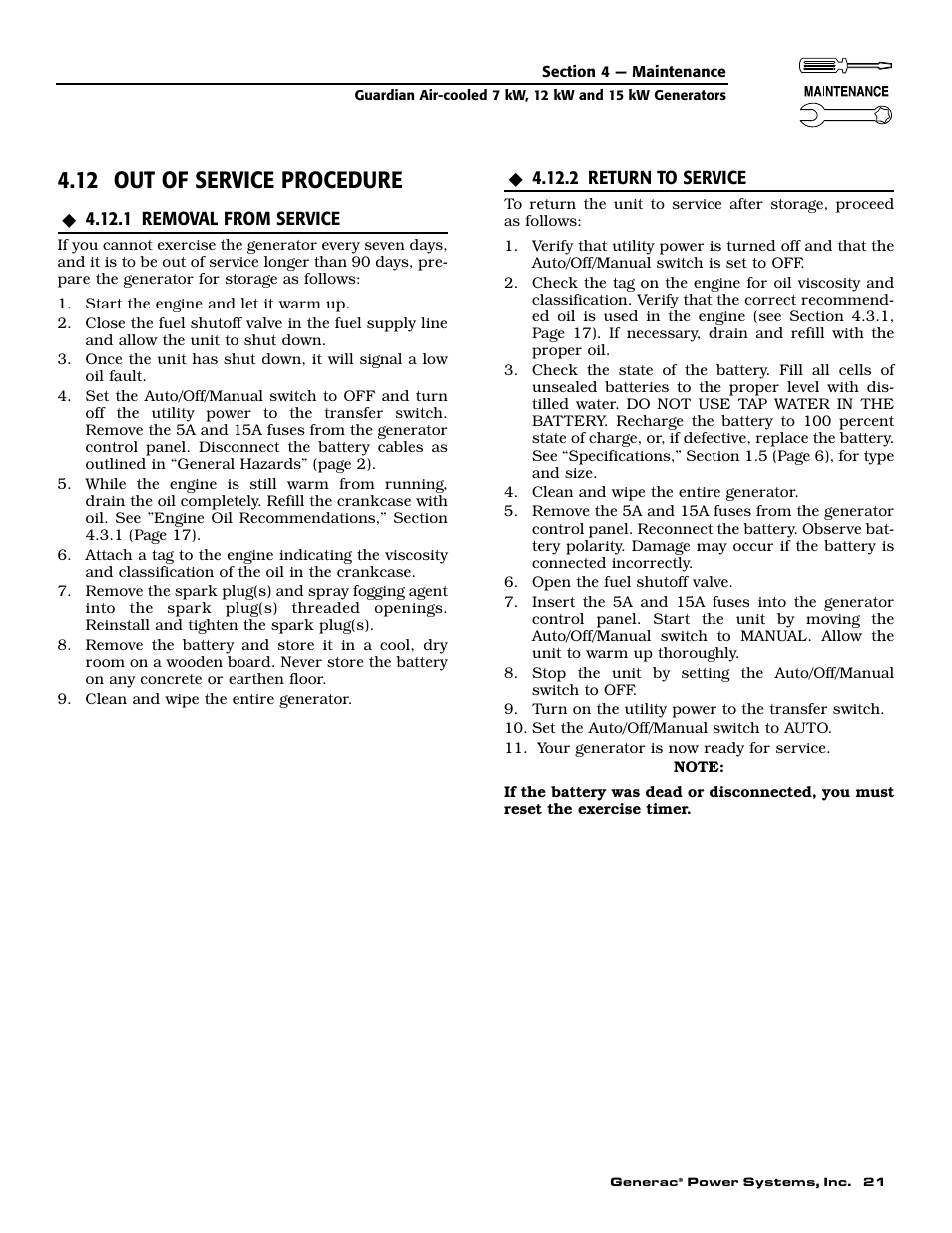 12 out of service procedure | Generac 04389-1 User Manual | Page 23 / 60