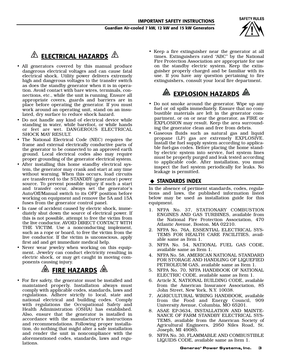 Electrical hazards, Fire hazards, Explosion hazards | Generac 04389-1 User Manual | Page 5 / 60