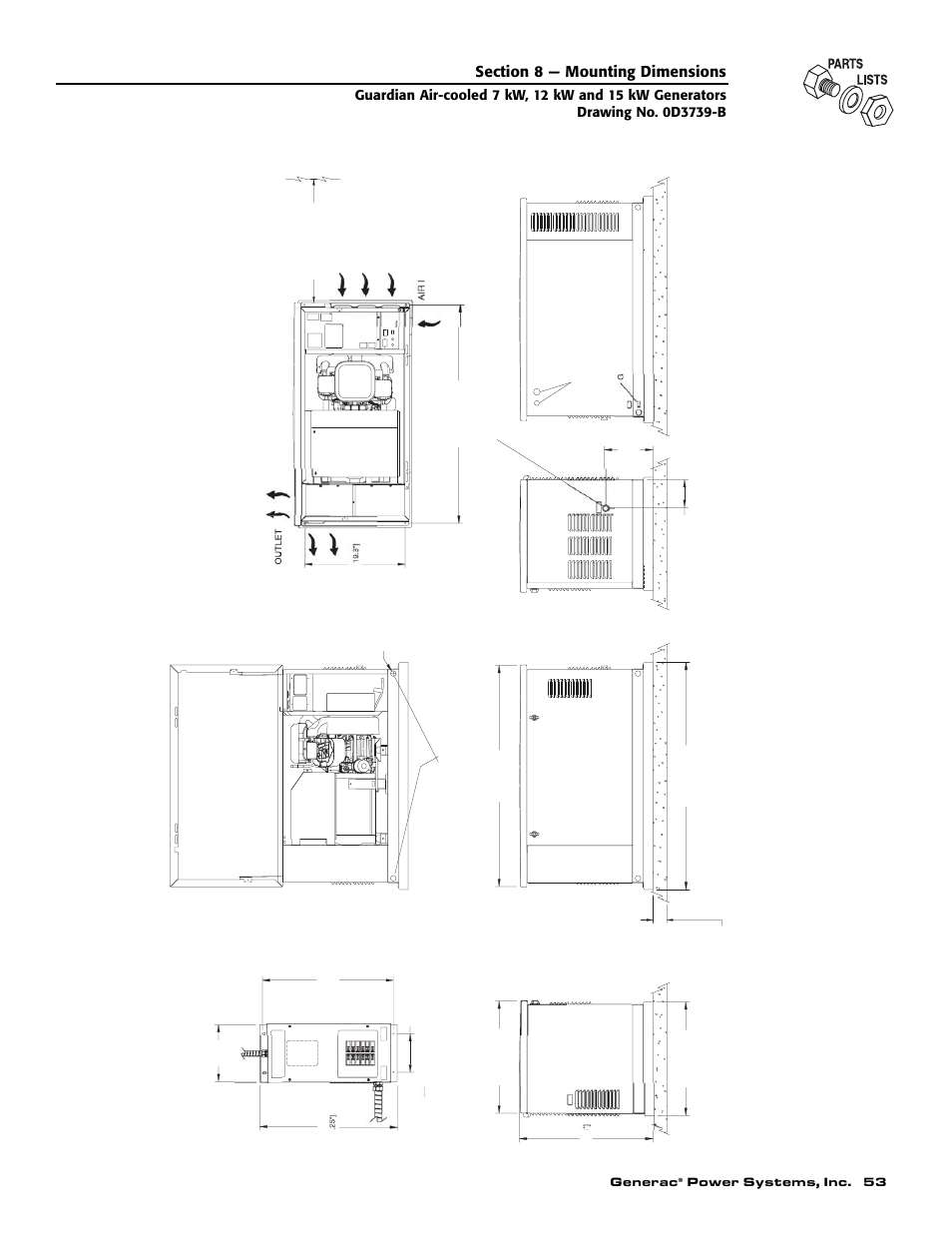Generac, Power systems, inc. 53, All dimen s io n s in: m illimeters [inches | Generac 04389-1 User Manual | Page 55 / 60