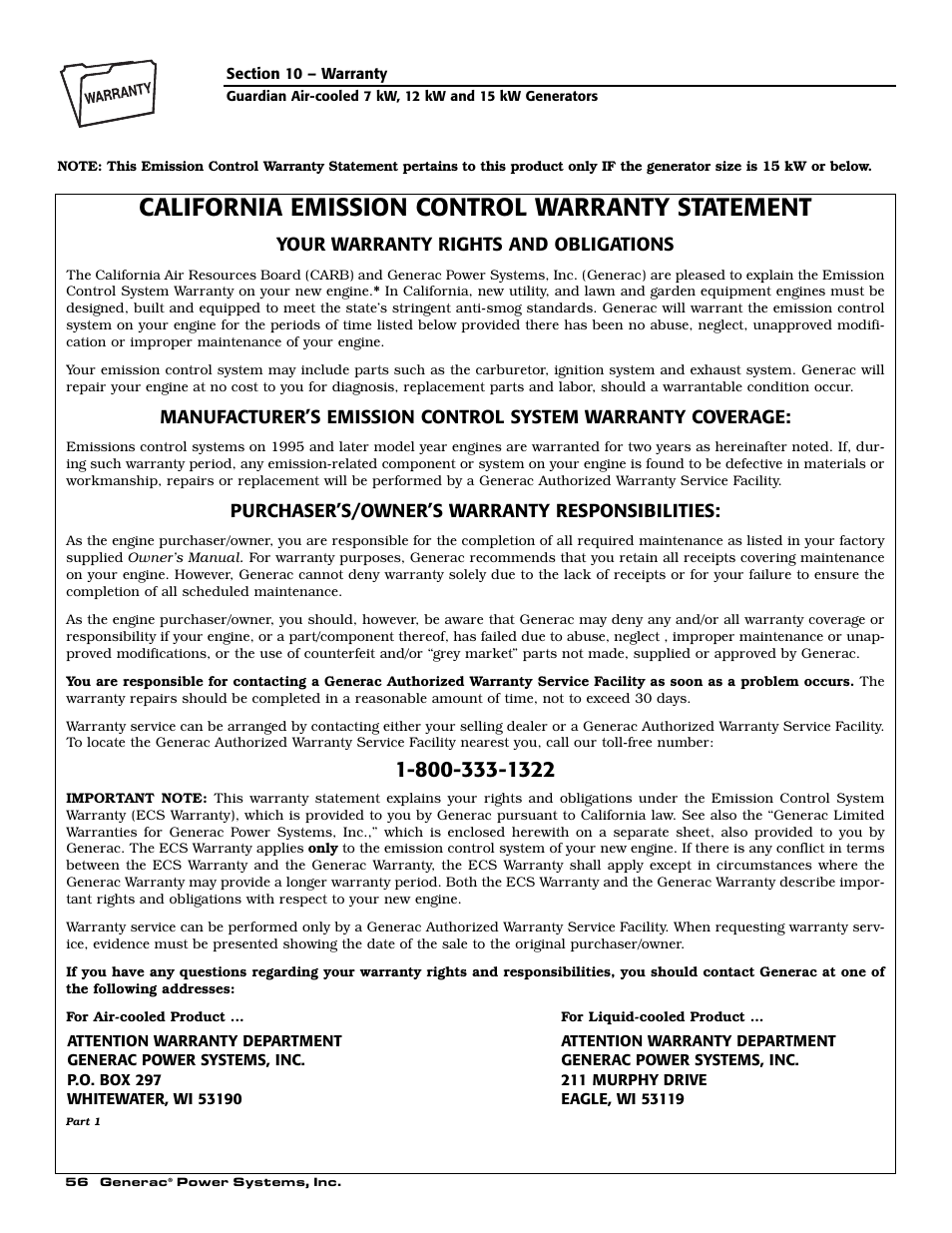 California emission control warranty statement | Generac 04389-1 User Manual | Page 58 / 60