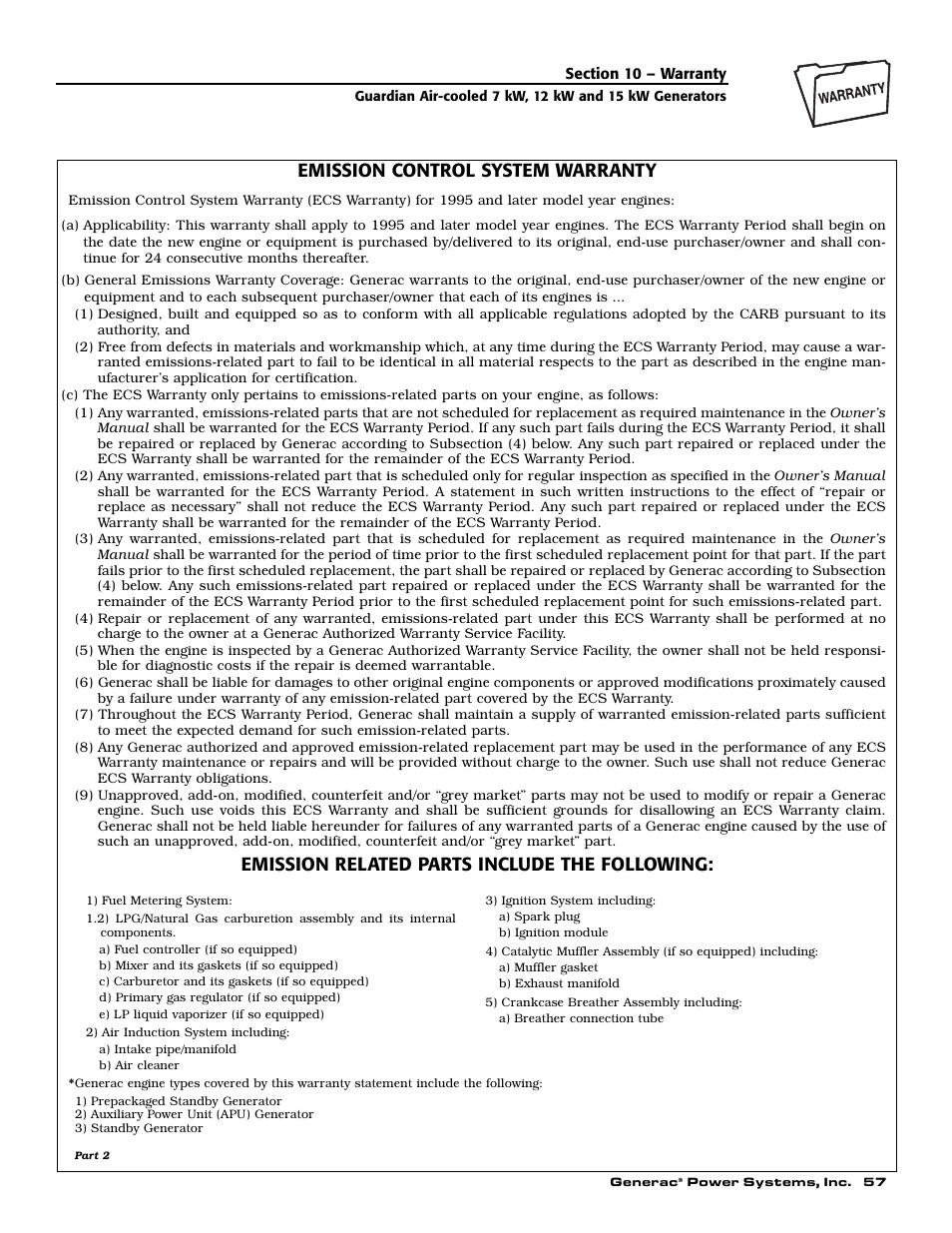 Emission control system warranty, Emission related parts include the following | Generac 04389-1 User Manual | Page 59 / 60