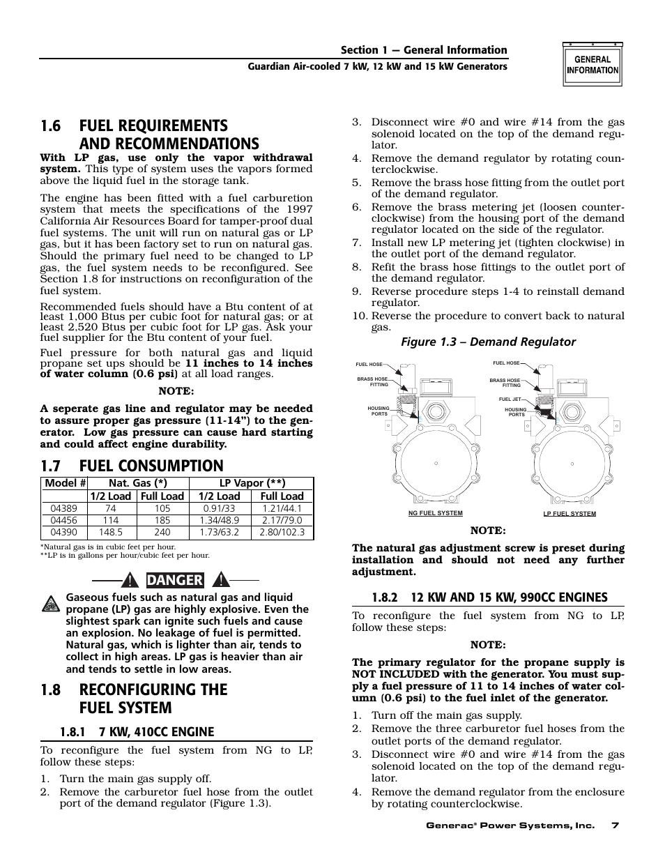 6 fuel requirements and recommendations, 7 fuel consumption, 8 reconfiguring the fuel system | Danger | Generac 04389-1 User Manual | Page 9 / 60