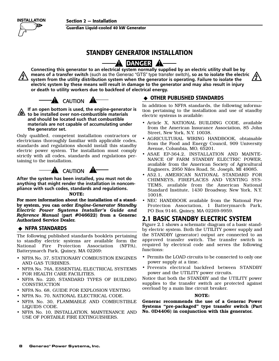 1 basic standby electric system, Standby generator installation, Danger | Generac 004626-1 User Manual | Page 10 / 60