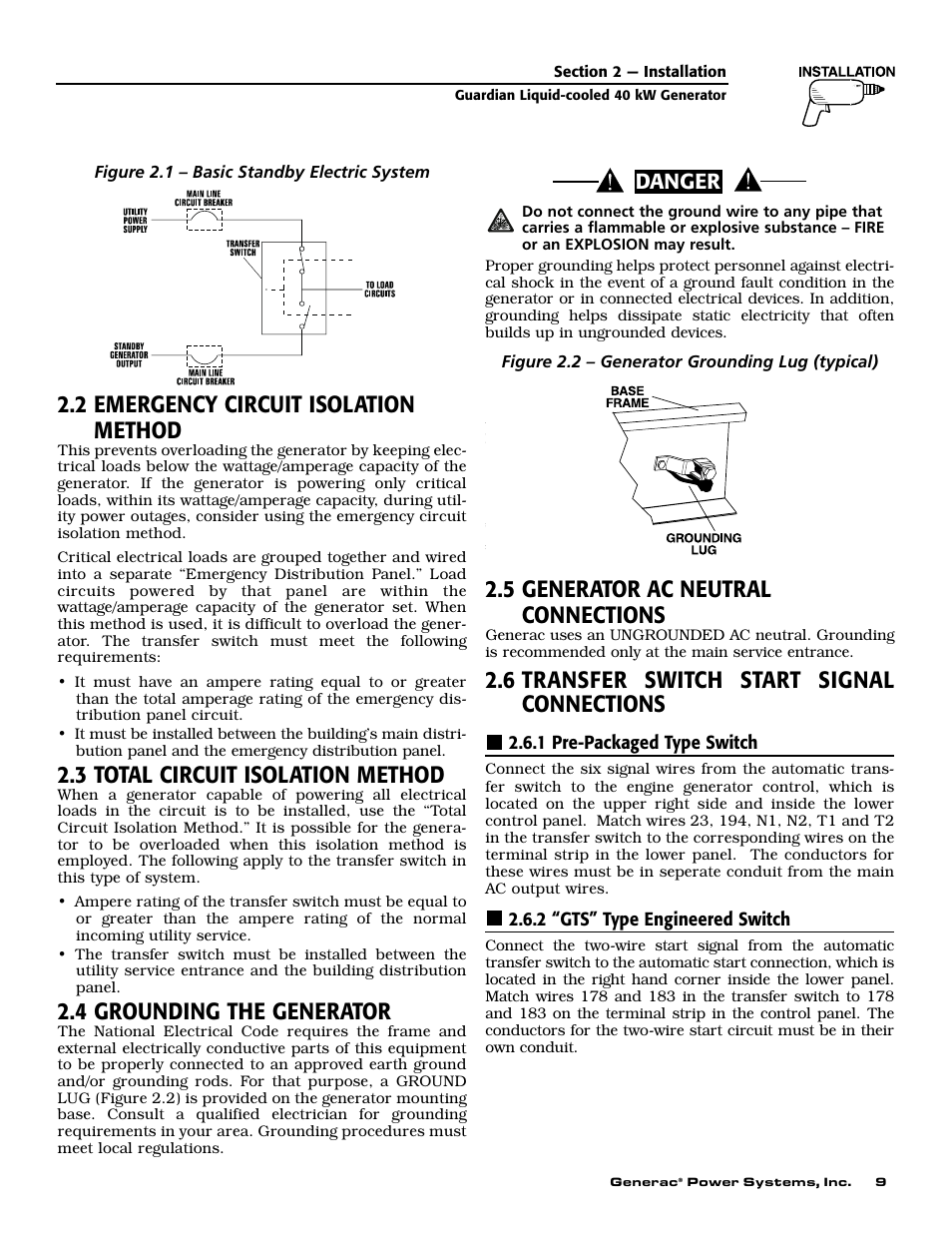 2 emergency circuit isolation method, 3 total circuit isolation method, 4 grounding the generator | 5 generator ac neutral connections, 6 transfer switch start signal connections, Danger | Generac 004626-1 User Manual | Page 11 / 60