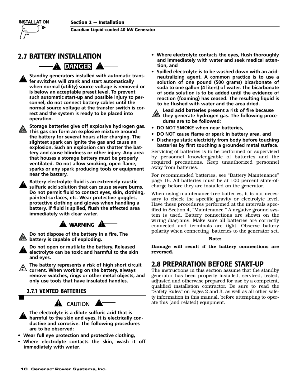 7 battery installation, 8 preparation before start-up, Danger | Generac 004626-1 User Manual | Page 12 / 60