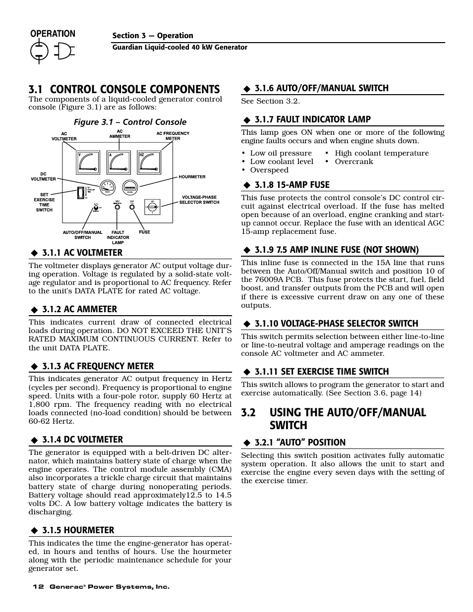 1 control console components, 2 using the auto/off/manual switch | Generac 004626-1 User Manual | Page 14 / 60