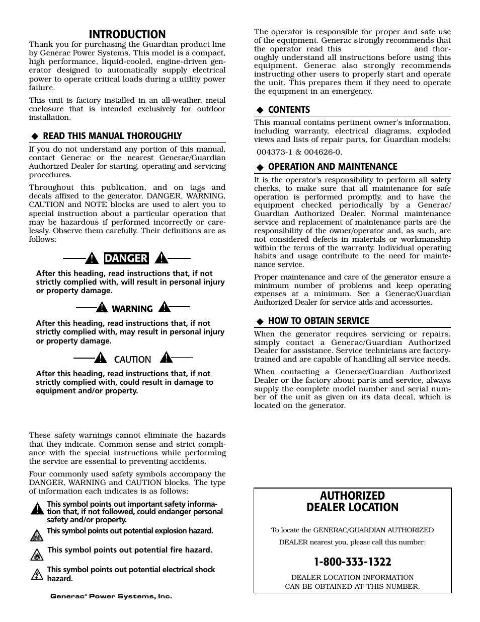 Introduction, Authorized dealer location, Danger | Generac 004626-1 User Manual | Page 2 / 60