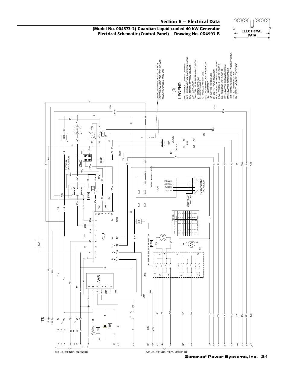 Legend, Generac, Power systems, inc. 21 | Am vm, Avr pcb | Generac 004626-1 User Manual | Page 23 / 60