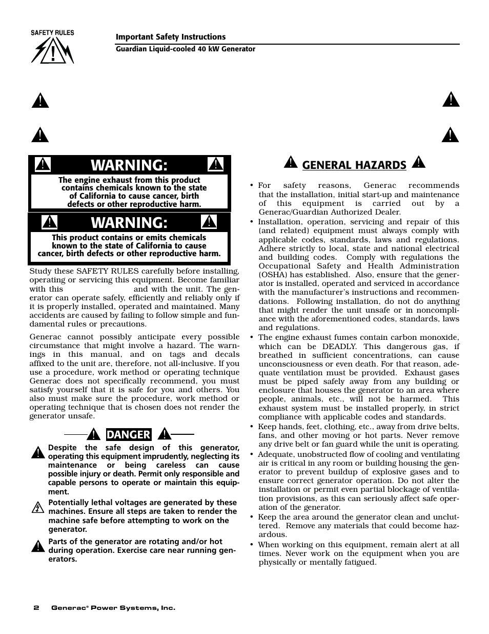 Warning | Generac 004626-1 User Manual | Page 4 / 60