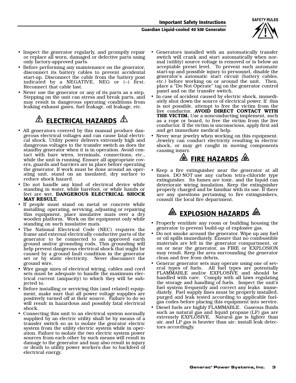 Electrical hazards, Fire hazards, Explosion hazards | Generac 004626-1 User Manual | Page 5 / 60