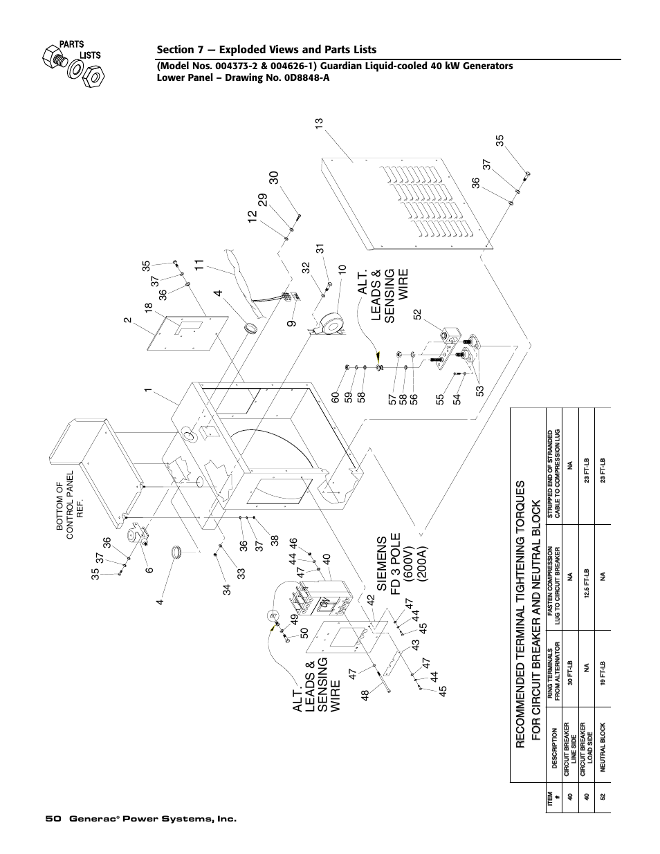 200a), Sensing leads & wire, Fd 3 pole (600v) siemens | Sensing, 9alt. leads & wire | Generac 004626-1 User Manual | Page 52 / 60