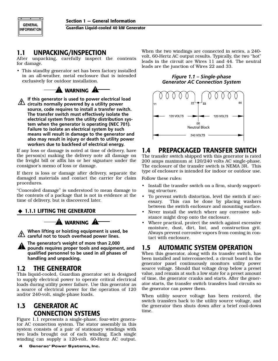 1 unpacking/inspection, 2 the generator, 3 generator ac connection systems | 4 prepackaged transfer switch, 5 automatic system operation | Generac 004626-1 User Manual | Page 6 / 60