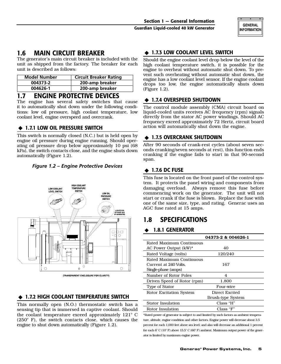 6 main circuit breaker, 7 engine protective devices, 8 specifications | Generac 004626-1 User Manual | Page 7 / 60