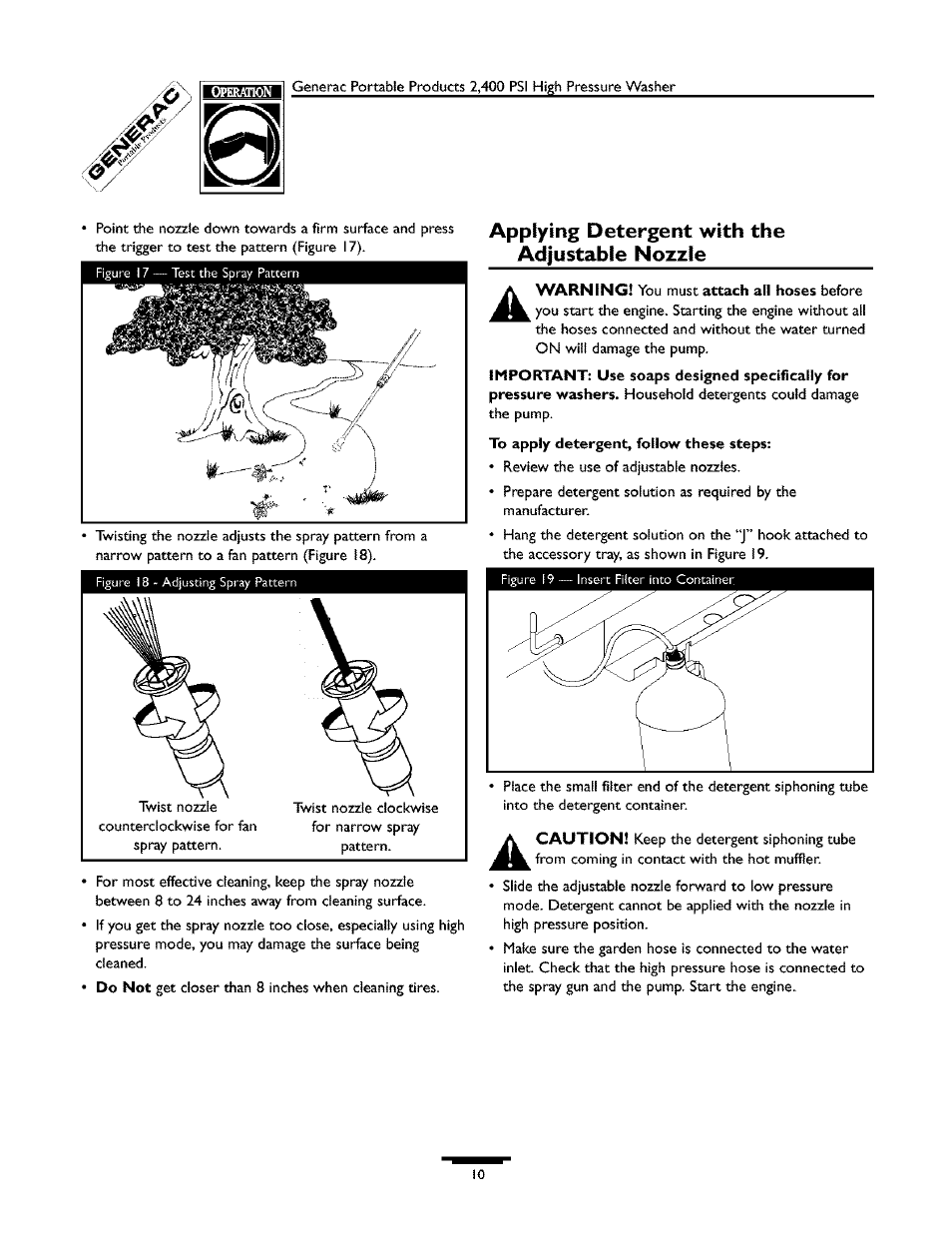 Applying detergent with the adjustable nozzle | Generac 1537-0 User Manual | Page 10 / 36